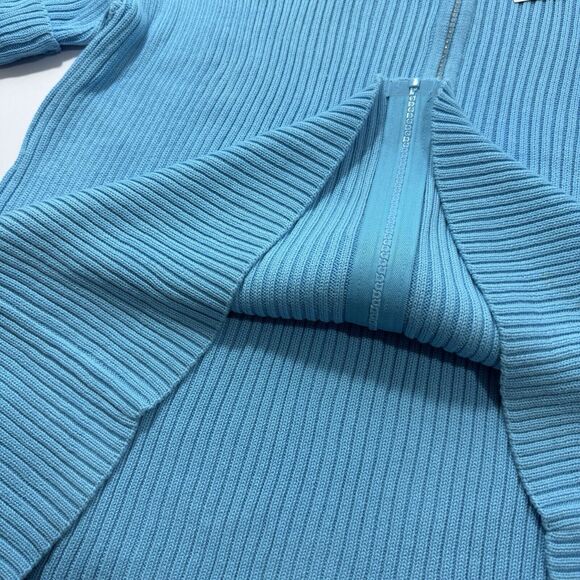 Woman's Quacker Factory Rhinestone Zipper Chunky-Knit Sky Blue Zip-up Polo Shirt - Picture 3 of 7